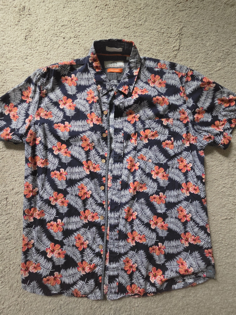 MBX Premium Goods Mens Tropical Floral Hawaiian Button Down Shirt Navy Size L